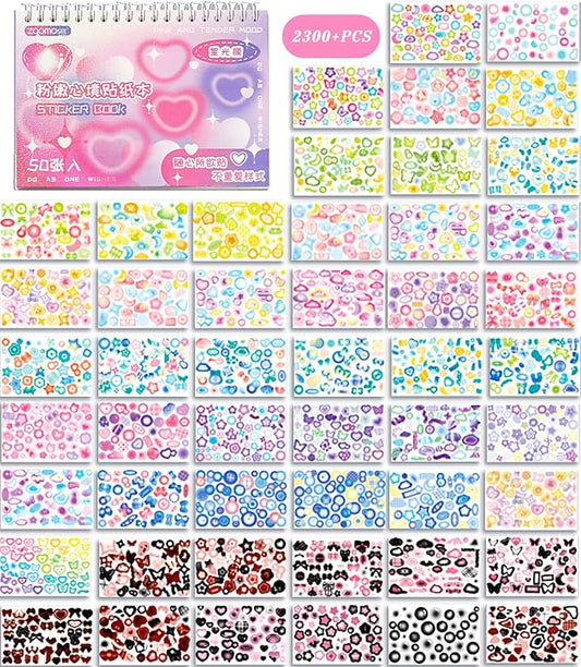 DAPUTOU 2300PCS Scrapbook Stickers Cute Butterfly Stars Heart Stickers Self Adhesive Korean Bows Ribbons Stickers Book for Kids Girls Boys Aesthetic Craft Scrapbooking Junk Journal Diary 50-Page