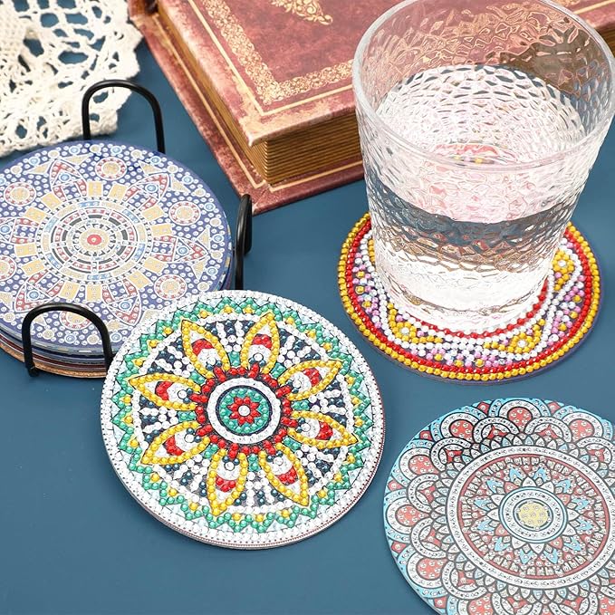 UPINS 8Pcs Mandala Diamond Art Painting Art Coasters Kits with Holder, Diamond Art Non Slip Coaster Kits DIY with Holder Crafts for Adults Diamond Art Painting Kits Supplies for Christmas Gift