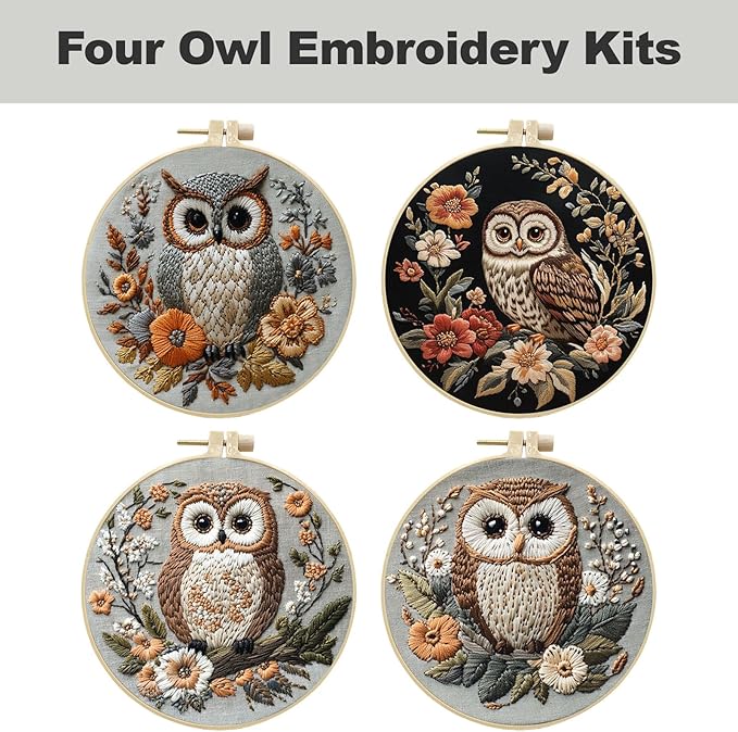 QBQBQ Owl Embroidery Kit - 8.2in, Owl Punch Needle Kit for Adults, Cross Stitch Kits for Beginners, Include Embroidery Cloth Bamboo Hoops and Step by Step Instructions, for Craft Lover Hand Stitch