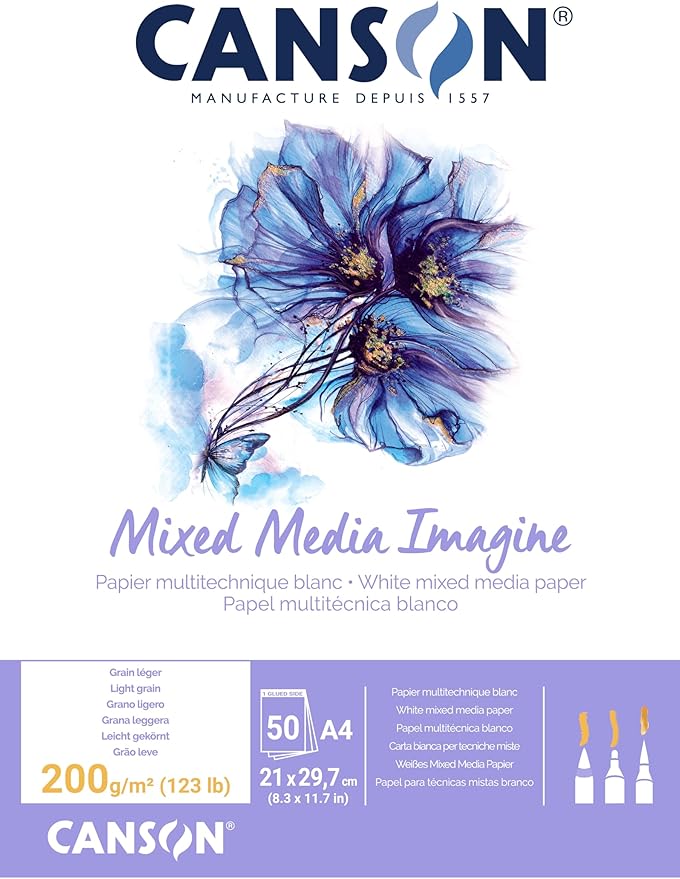 Canson Imagine Mixed Media 200gsm Paper, Natural White, A4 pad Including 50 Sheets