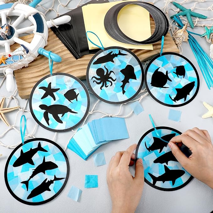 30 Pcs Ocean Fish Suncatchers Paper Craft Set Sea Ocean Shark DIY Stained Glass Effect Tissue Paper Kits Gift Bulk for Summer Activities Art Party Decor