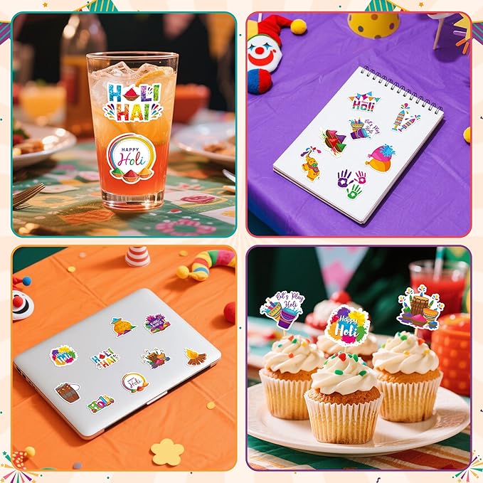 beyumi happy holi sticker roll - 1000pcs indian holi hai festival stickers in 2 rolls waterproof vinyl holiday celebration colorful decals gift festival party favors laptop bottle scrapbooking decor