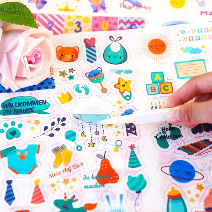 4 Sheets Baby Scrapbook Stickers – 215 Pcs Newborn Journal Stickers for Memory Book, Baby Shower, Milestone, Planner – Waterproof Baby's First Year Scrapbook Decals Supplies