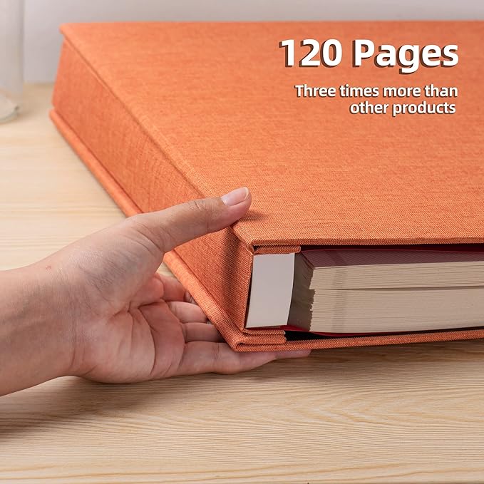 Large Photo Album Self Adhesive 4x6 5x7 3x5 8.5x11 Scrapbook Magnetic Album DIY Scrap Book Length 13 x Width 12.8 (Inches) 120 Sticky Pages Linen Cover DIY Photo Album (Orange)