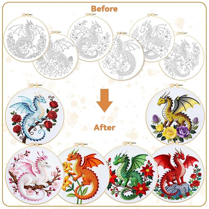 BEUNITONE 6 Sets Embroidery Kits for Beginners with Dragon and Flowers Patterns, DIY Craft Kits for Adults Include Embroidery Hoops and Instructions, Needlepoint Kits for Craft Lover and Home Decor