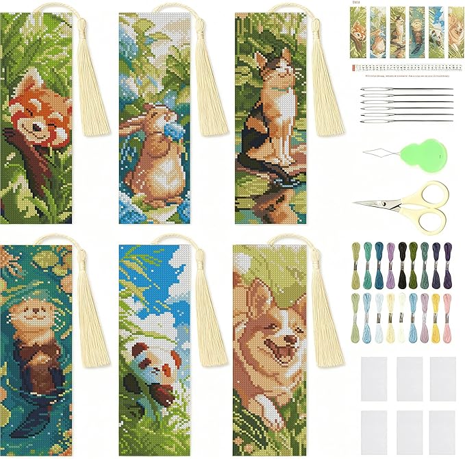 NEGEKFKX 6 Pcs Animal Cross Stitch Bookmark Kit for Adult Beginners,Cross Stitch Kits 14 CT DIY Crossstitch Kits Adult Stamped Bookmark Embroidery Bookmarks Kit