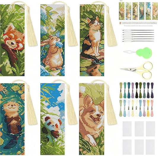 NEGEKFKX 6 Pcs Animal Cross Stitch Bookmark Kit for Adult Beginners,Cross Stitch Kits 14 CT DIY Crossstitch Kits Adult Stamped Bookmark Embroidery Bookmarks Kit