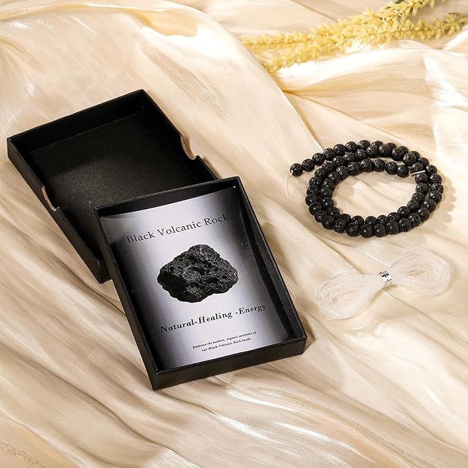 Song Xi 90pcs 4mm Natural Black Volcanic Rock Stone Beads for Jewelry Making, Gemstones Beads Bracelet for Necklace Earring Keychain, with Jewelry Box and Elastic for Christmas Wedding Birthday Gift