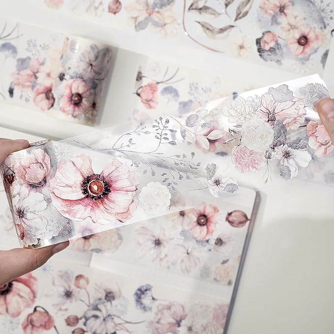 WT Frostbloom Wide PET Tape, Single Roll, Original Winter Floral Designs, Clear Transparent Adhesive Tape – Not Pre-Cut, for Junk Journals, Scrapbooks, Bujo, Planners, DIY Crafts, Art Stationery