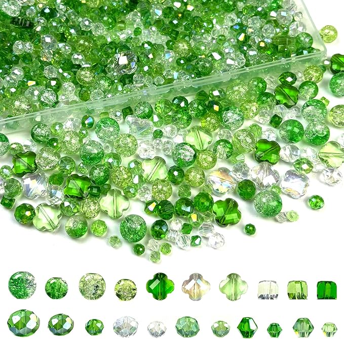 1000Pcs Glass Beads for Jewelry Making Crystal Beads for Bracelet Craft Necklace Earring Making Assorted Color 5 Style/Crackle Round/Briolette Faceted/Bicone/Cube/Four-Leaf Clover / 4 Size