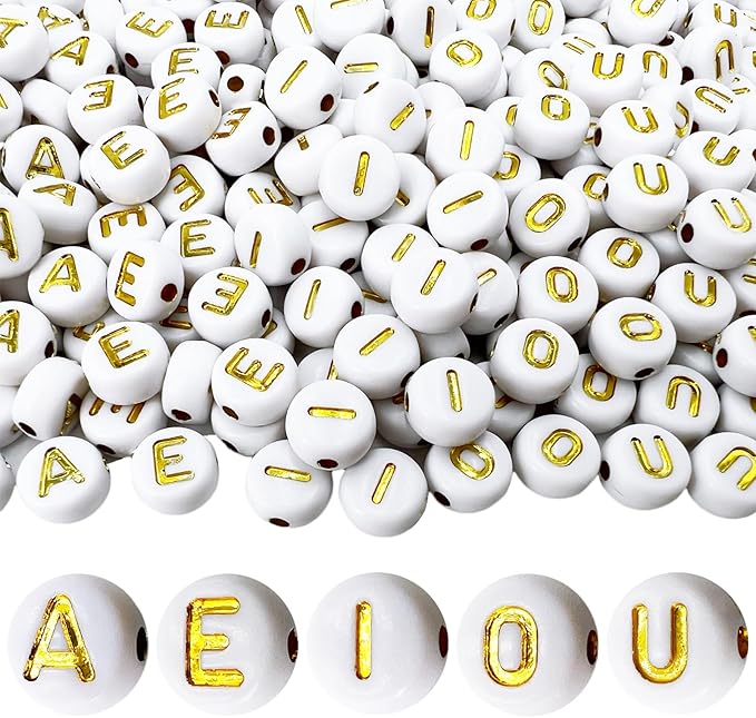 MIIIM 1000pcs Vowel Pony Letter Beads for Keychains Making (A, E, I, O, U), 4x7mm Round Letter Beads for Bracelets Making, Alphabets, Numbers (White and Golden)