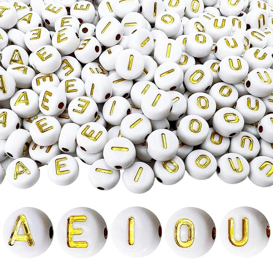 MIIIM 1000pcs Vowel Pony Letter Beads for Keychains Making (A, E, I, O, U), 4x7mm Round Letter Beads for Bracelets Making, Alphabets, Numbers (White and Golden)