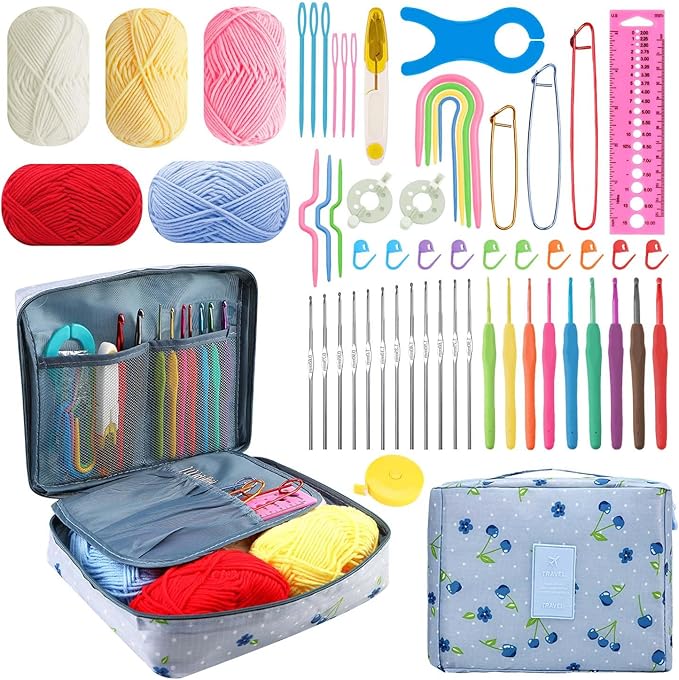 HATINXIA 58pcs Crochet Kit Beginners, Crochet Hook Set with Yarn, Portable Crocheting Kit for Starter, Ergonomic Crochet Needles Tools DIY Knitting Accessories for Experienced Crochet Lovers, Cheery