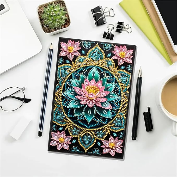 Lotus Diamond Painting Notebook for Adults, A5 Diamonds Art Journal and DIY Sketchbook, Diamond Art Kit Supplies,Gift for Beginners, Craft Lovers, Artists. (Lotus)