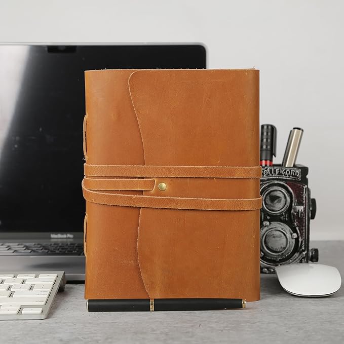 KomalC Handmade Leather Journal/Writing Notebook Diary/Bound Daily Notepad For Men & Women Unlined Paper Medium, writing pad gift for artist, sketch (Tan, 7 x 5)