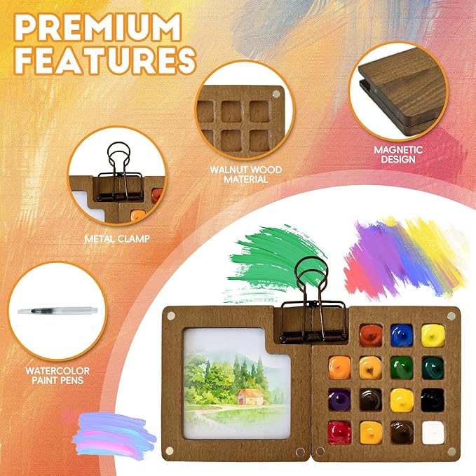 Mini Watercolor Paint Set, 24 Colors Travel Watercolor Kit with 15 Grids Walnut Wood Palette, Water Brush, Sketchbook & Clip | Portable Pocket Painting Set for Adults, Beginners, Artists, Students