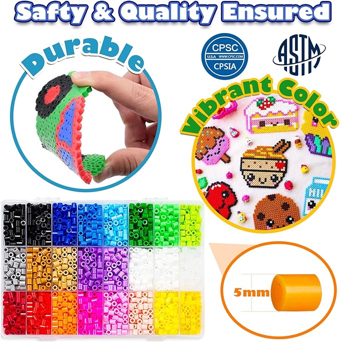 funzbo 5500 5mm fuse beads kit - 24 colors | 111 patterns, arts and crafts for girls and boys, kids toys set, gifts for kids, teens and adults age 5+ years old