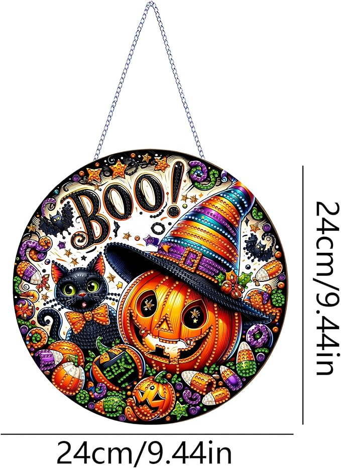 DIY Halloween Acrylic Diamond Art Painting Wreath Kits Special Shaped Rhinestone 5D Diamond Art Window Pendants Home Garden Wall Hanging Kits Hanging Ornament (Pumpkin and Cat)