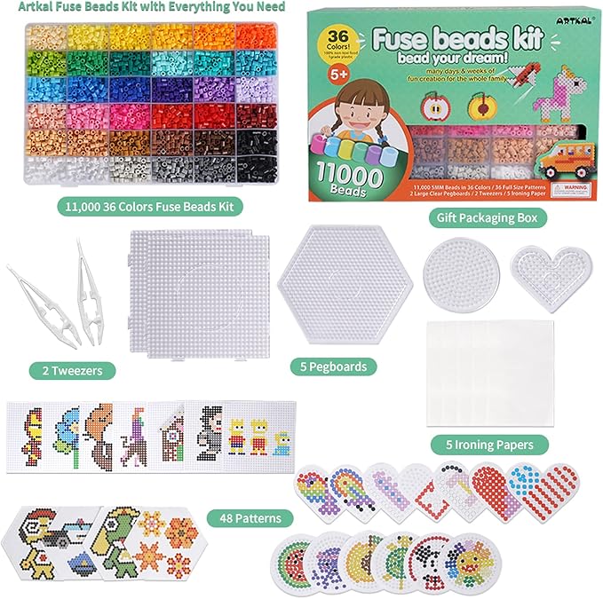 artkal fuse beads kit 36 colors 11,000pcs 5mm melty beads kit with 5 pegboards 2 tweezers 48 patterns 2 ironing paper