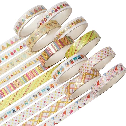 YUBBAEX 10 Rolls Sparkling Washi Tape Set 8mm Skinny Gold Foil Decorative Masking Washi Tapes for Bullet Journal,Scrapbook, Planner, DIY Crafts (Party Elements)