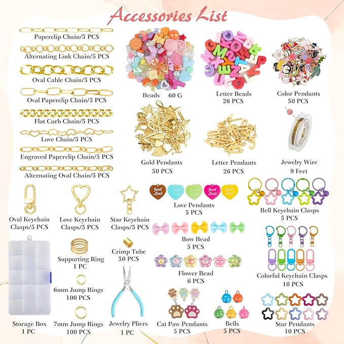 Ecoofor 561 Pcs Keychain Making Kit - Includes 30 Keychain Clips, 40 Extender Chains, 178 Charms, Beading Accessories, Jewelry Pliers - DIY Bag Charms & Jewelry Craft Kit Supplies