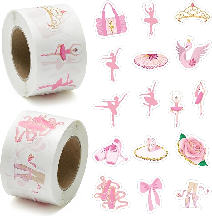 beyumi 1000pcs ballet dance themed stickers in 2 rolls pink dacing movements ballerina stickers waterproof vinyl decals for laptop bottle scrapbooking envelopes party decor gifts for girls kids teens