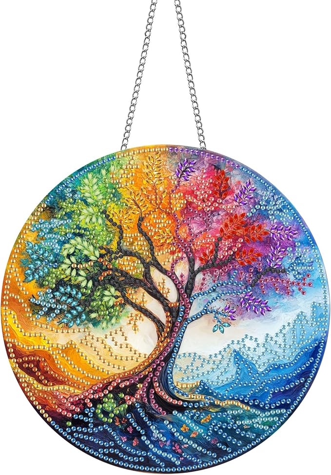 Pavemlo Hanging Diamond Art Kits for Adults Tree – 8x8 Inch Double-Sided Acrylic Board DIY Crystal Diamond Suncatcher Pendant, Sparkling Home Wall or Window Decoration Handmade Gift