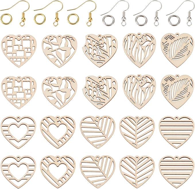 Elecrelive 60pcs Heart Wooden Earring Charms Heart Filigree Earring Making Kit with Ear Wires Jump Rings for Valentine's Day DIY Necklace Jewelry Making