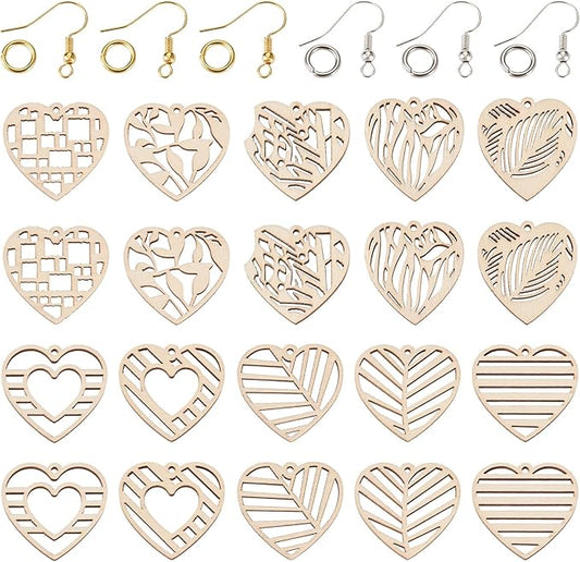 Elecrelive 60pcs Heart Wooden Earring Charms Heart Filigree Earring Making Kit with Ear Wires Jump Rings for Valentine's Day DIY Necklace Jewelry Making
