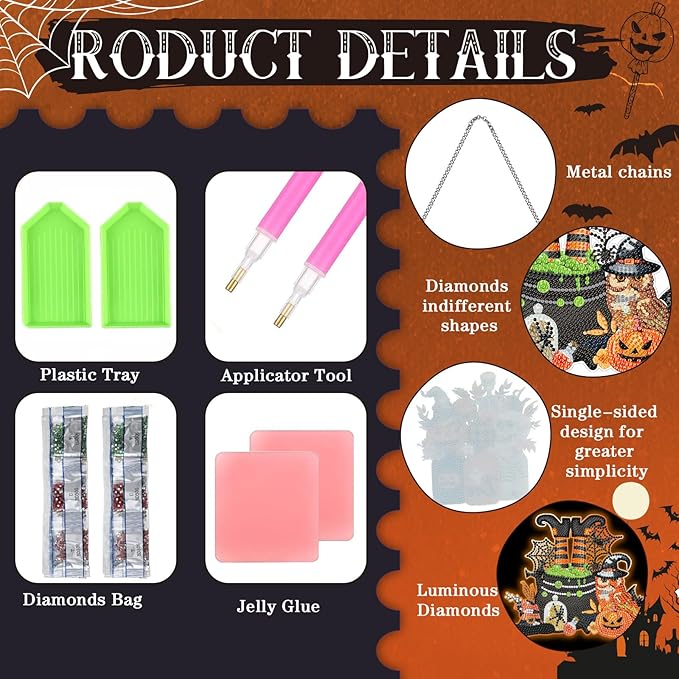 6 Pcs Halloween Diamond Art Painting Kits Hanging Sign Set Witch Pumpkin Gnome Glow in The Dark Diamond Art Painting Kits Halloween Hanger Adult 5d DIY Craft for Wall Door Window Porch Decor