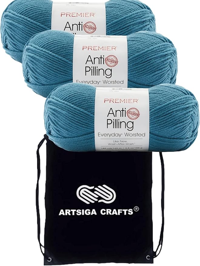 Premier Yarns Everyday Anti-Pilling Solid Lake DN100-91 (3-Skeins - Same Dye Lot) #4 Worsted Weight Acrylic Yarn for Crocheting and Knitting with Project Bag