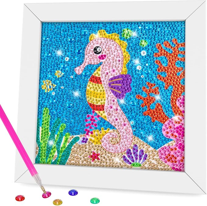 QEUOYSS Diamond Art Kit for Kids with Wooden Frame Art and Crafts for Kids Ages 6-8 -10-12 Easy to DIY Diamond Art for Kid and Adult Beginners Home Wall Decoration (Hippocampus)