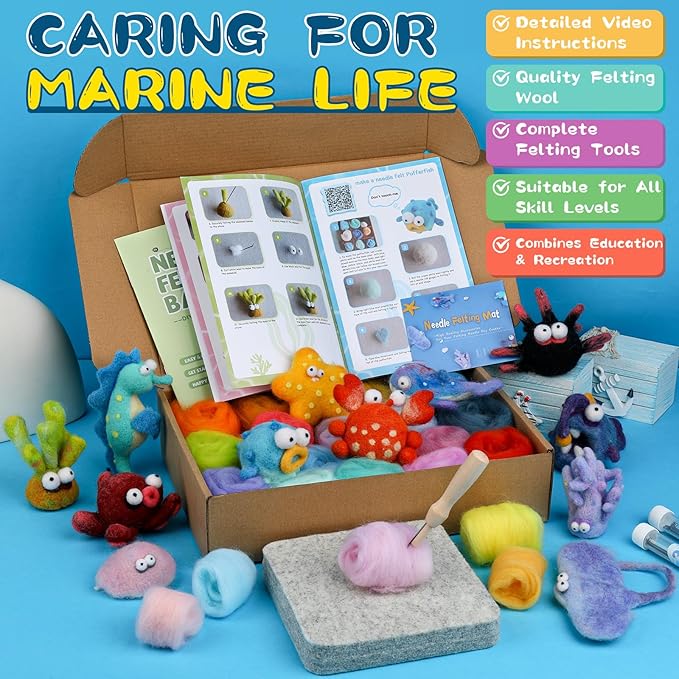 Fedmut Needle Felting Kits for Beginners Adult 12 Sea Animal Supplies with Wool Roving, Felt Art Kit, Wool Felting Kit for DIY Craft Home Decoration Party Supplies for Starters