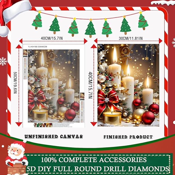 MUNORIAY Christmas Diamond Painting Kits for Adults, Christmas Candle Diamond Art Kits for Beginners, 5D DIY Xmas Full Drill Diamond Dots Gem Art Crafts Kits for Wall Home Decor 12x16 Inch