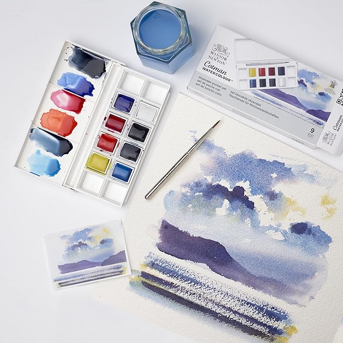 Winsor & Newton Cotman Watercolor Paint Set, 8 Half Pan, Sky Colors w/ Brush