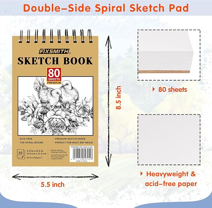 fixsmith 5.5"x8.5" sketch book | 160 sheets (68 lb/100gsm) | 2 pack sketchbooks | top spiral bound artist sketch pad | acid free drawing pad | ideal for kids,beginners,artists &painters | bright white