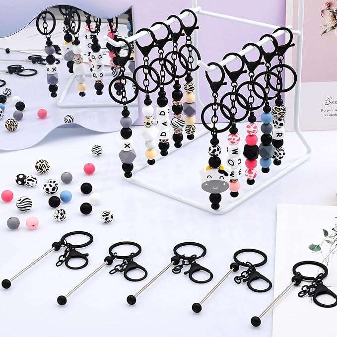 Tondiamo 24 Pcs Beadable Keychain Bars Bulk Beads for Keychain Making Kit Gifts for Women Men DIY Crafts(Black)