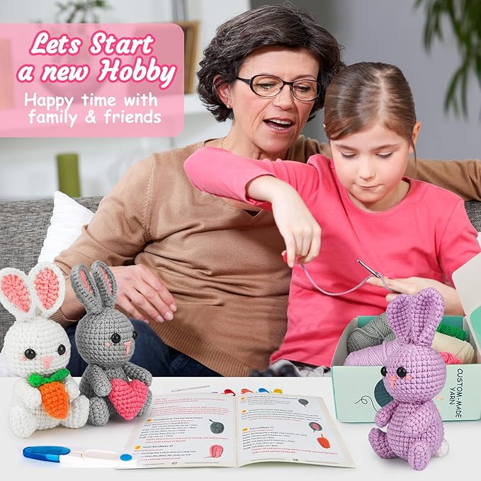 ekaus Crochet Kit for Beginners, Crochet Kit with Step-by-Step Video Tutorials, Crochet DIY Knitting Supplies for Adults, Crochet Rabbits(45%+ Yarn)