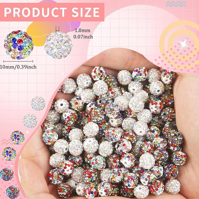 150 Pcs 10mm Rhinestone Beads for Jewelry Making, Colorful Shiny Round Shamballa Disco Baseball Necklace Beads Sparkle Crystal Clay Pave Rhinestones Bead for DIY Bracelet Earring Craft Making Supplies