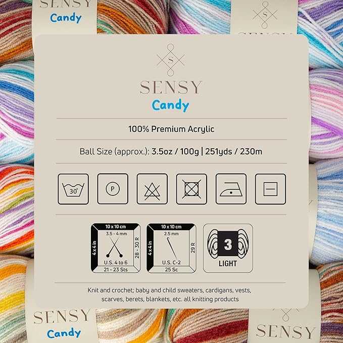 Sensy Candy Yarn - 5 Skeins, 3.5 oz, 251 Yards, Multicolor for Crocheting and Knitting, Light Gauge 3