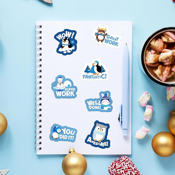 beyumi winter polar animal sticker - 1000pcs teacher reward stickers in 2 rolls cute arctic animal motivational positive xmas decal waterproof vinyl school classroom office bottle party decor for kids