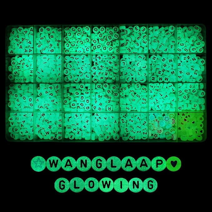 1450Pcs Glow in The Dark Acrylic 4x7mm Round Letter Beads (Extra for Vowel Letter) and Heart, Moon, and Star Beads for Bracelets Necklaces Jewelry Making (Glow in The Dark, 4x7mm)