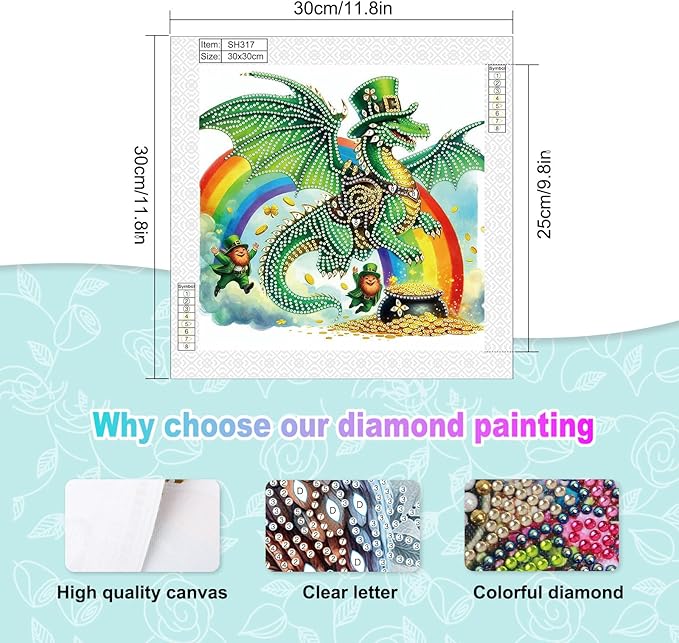 MVVMTOP Diamond Painting Kit St Patrick’s Day Dragon and Rainbow Shamrock Lucky Coins Special Shaped 5D Partial Crystal Diamond Art DIY Wall Decor Gift