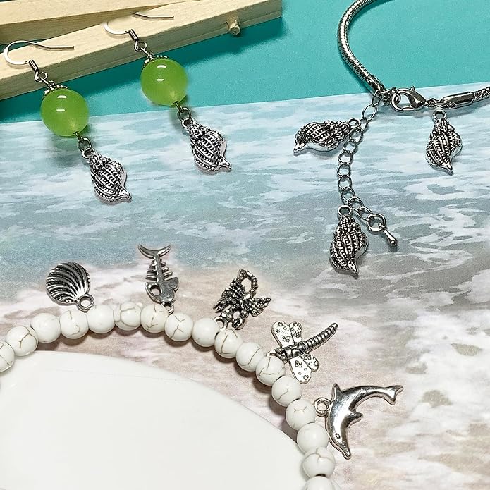 Heather's cf Silver Sea Charms – Antique Pendants, Non-Tarnish, Lead-Free & Nickel-Free, Bulk Ocean Animal Charms for DIY Jewelry, Bracelets, Necklaces, Earrings, Beach Craft Supplies (Sea Animals)