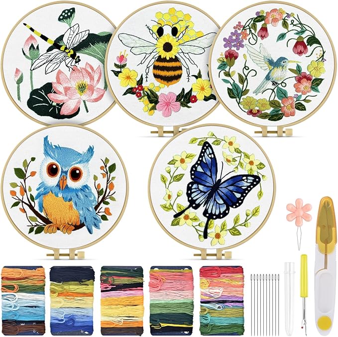 TINDTOP 5 Sets Embroidery Kit for Beginners Adult, Embroidery Kit for Beginners Include Embroidery Cloth Hoops Threads for Craft Lover Hand Stitch with Embroidery Skill Techniques