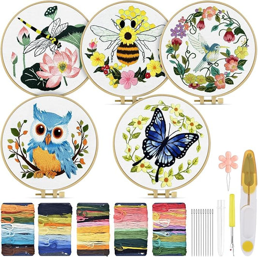 TINDTOP 5 Sets Embroidery Kit for Beginners Adult, Embroidery Kit for Beginners Include Embroidery Cloth Hoops Threads for Craft Lover Hand Stitch with Embroidery Skill Techniques