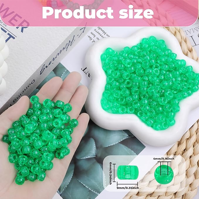 Plastic Pony Beads, 1000 Pcs, 6x9mm, for Bracelet, Hair Braiding, Friendship Bracelets, Jewelry Making (Green Glitter)