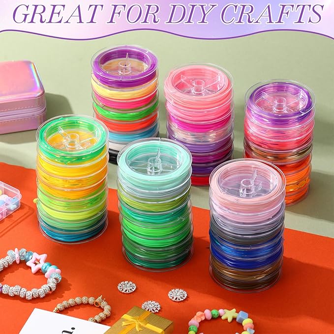 Lanyard String Kit 48 Rolls Gimp Plastic Lanyard String for Bracelets Keychain DIY Crafts with Key Chain Rings, Snap Clips, Open Rings, Lobster Clips Gimp Bracelet Making Kit (5.5 Yards)