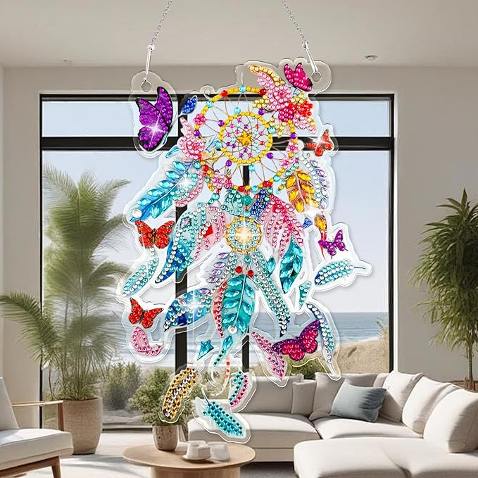 Diamond Art Hanging Kit for Adult, Diamond Painting Ornament Hanging Kit, Special Shaped Rhinestone,DIY Acrylic 5D Art Window Pendants Home Garden Wall Kits,Double Sided (Dreamcatcher)