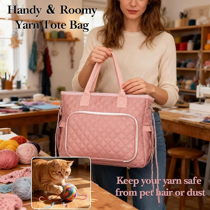 VERONLY Crochet Bag Yarn Storage, Large Knitting Tote with Padded Crochet Hook Organizer, Tote with Multiple Compartments for Crochet Lovers, Knitting Accessories, Unique Valentines Gifts for Her
